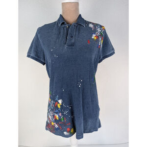 Polo Ralph Lauren Skinny Polo Shirt Blue Splatter Paint Indigo Sz L Preppy